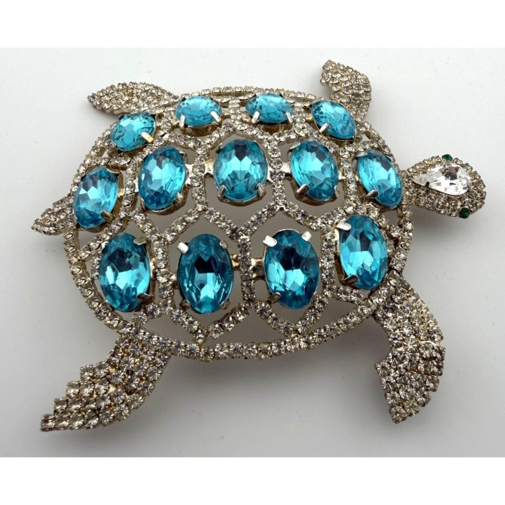 Vintage Rhinestone Turtle Brooch Aqua Blue Prong Set Statement Pin 4" Figural